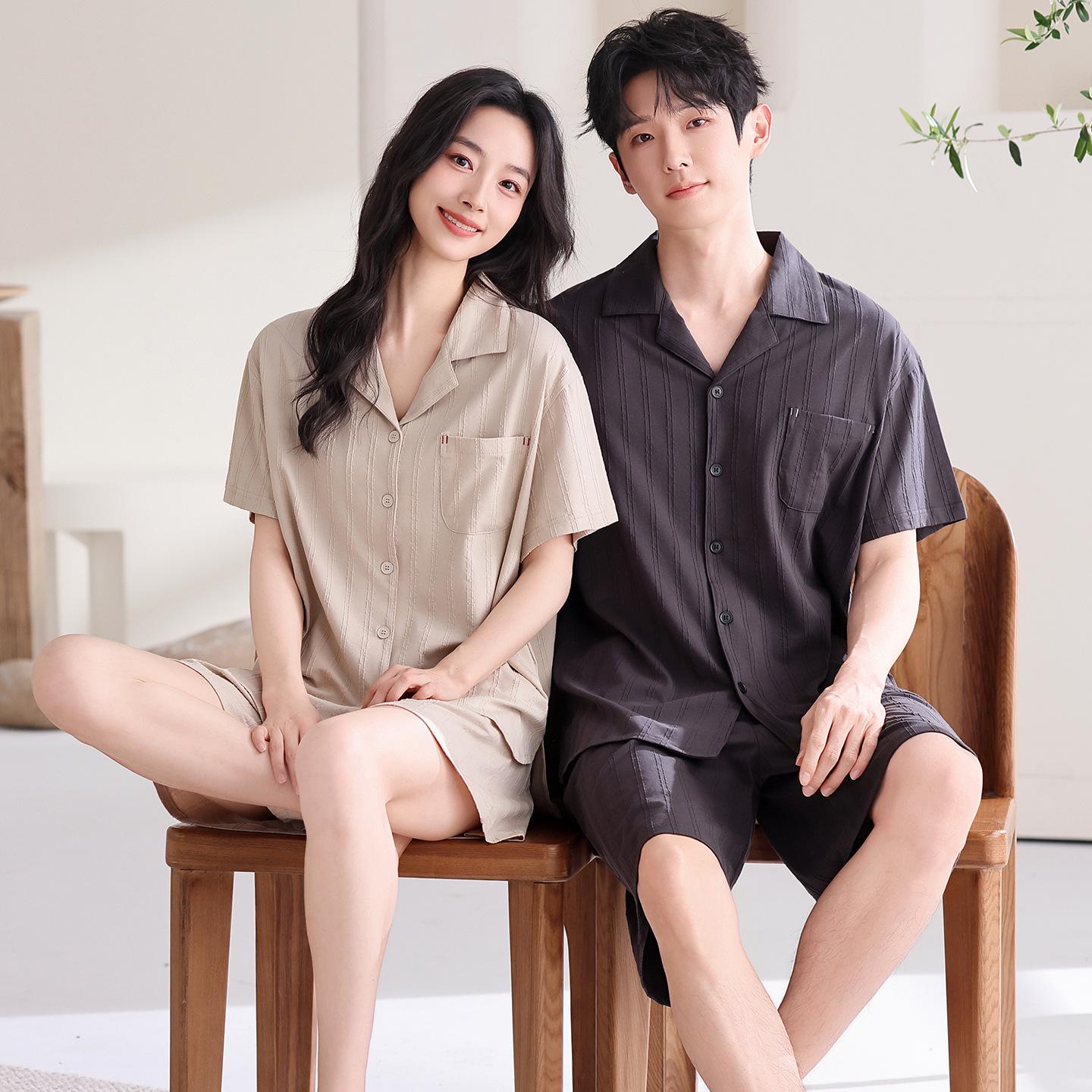

Летний хлопковый жаккардовый комплект пижамы для пары 2026 - Топ с коротким рукавом и шорты для мужчин и женщин, Повседневная домашняя одежда. Women XL