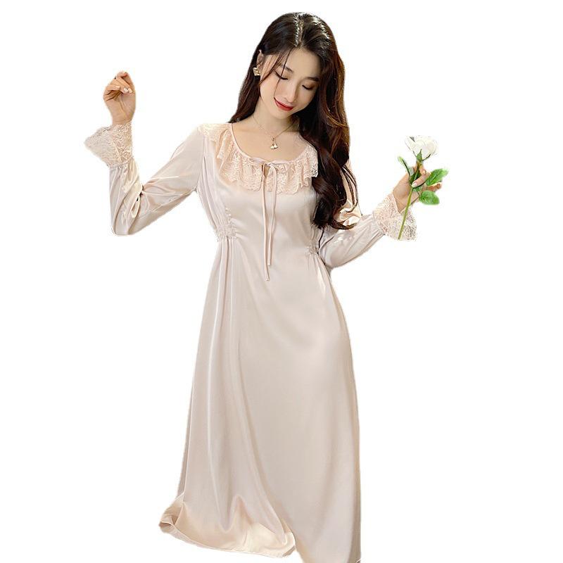 Cămașă de noapte lungă pentru femei din mătase de gheață cu garnitură de dantelă - Primăvară/Toamnă