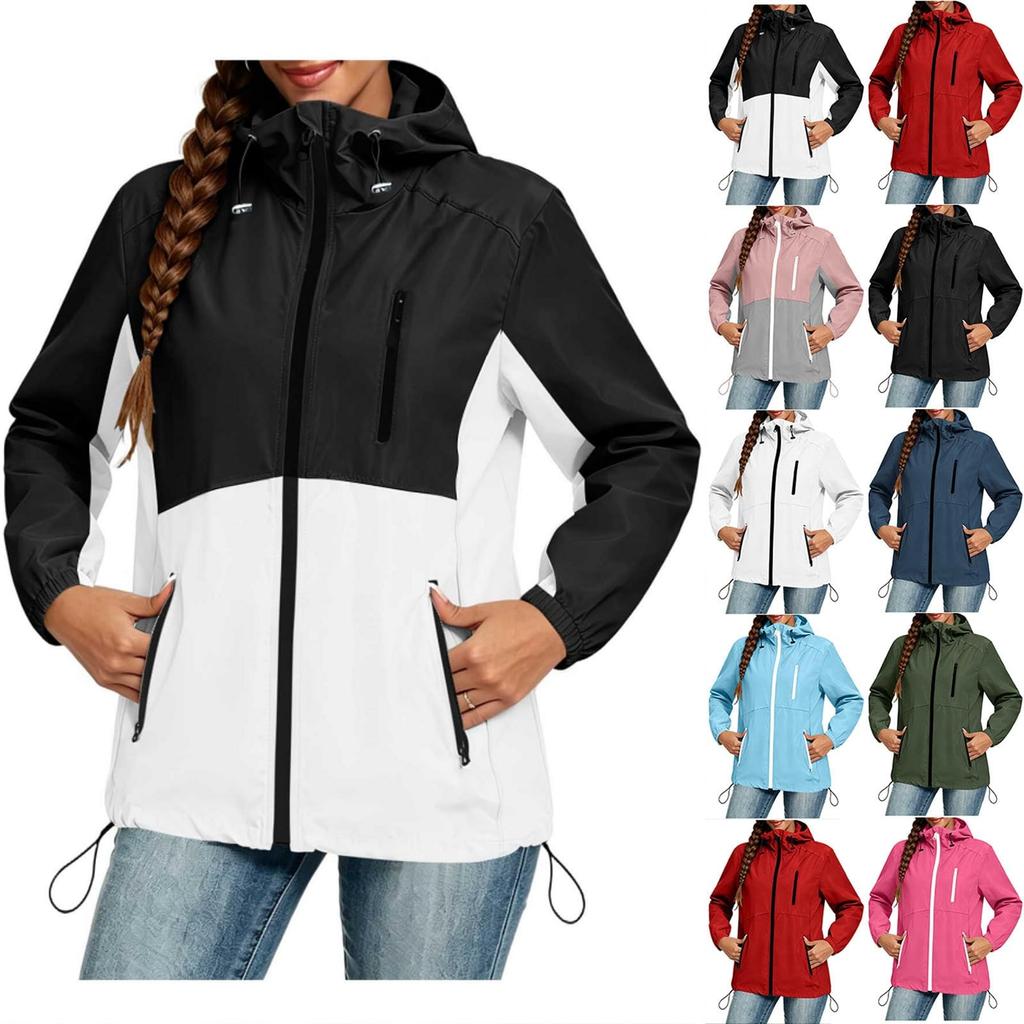 Women's Lightweight Casual Hooded Windbreaker Jacket Drawstring Waist Long Sleeve Zip Up Outerwear for Outdoor Activities