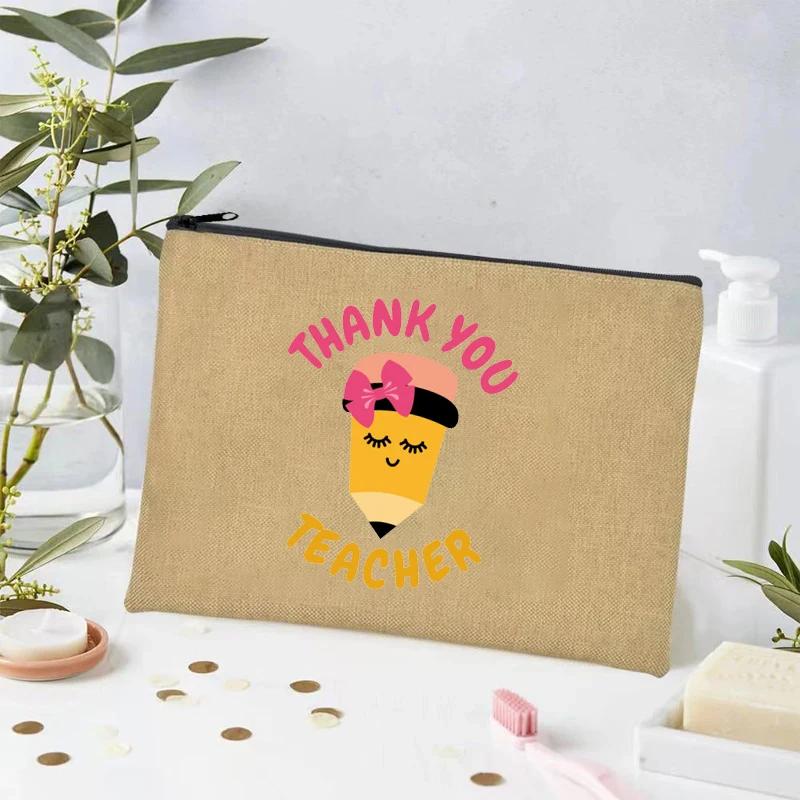 Thank You Teacher Print Linen Toiletry Bag Organizer Perfume Lipstick Cosmetic Bag Office Supplies Pencil Bag Teacher's Day Gift