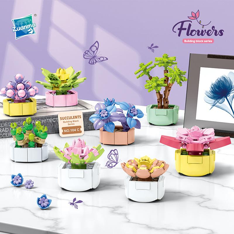 Children'S Educational Small Particle Mosaic Building Block Flower 104 Series 32 Potted Plant Simulation Rose Succulent Building Block Toy