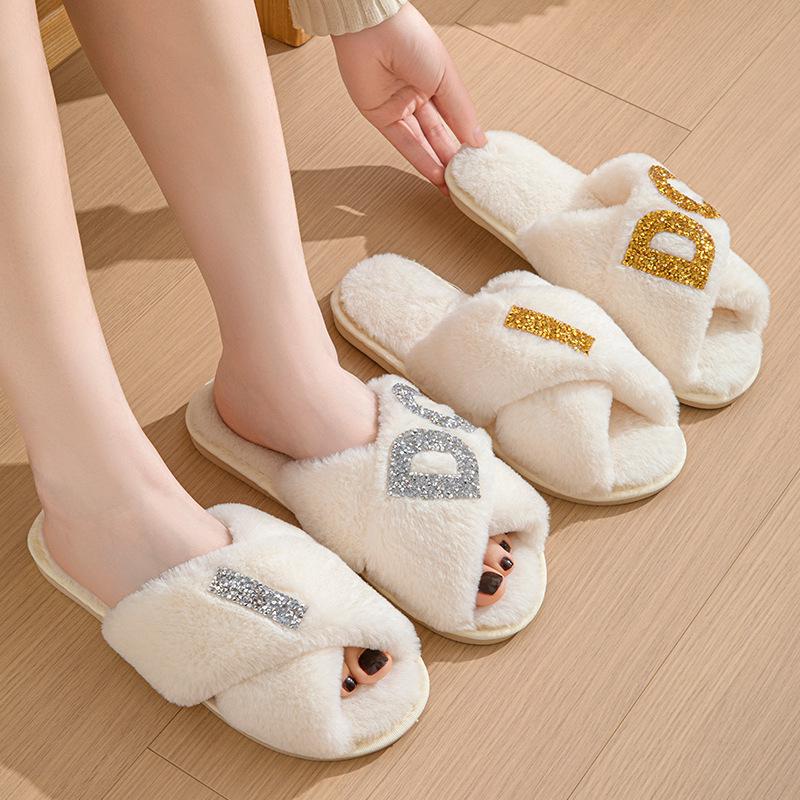 IDO Women's Furry Pearl Wedding Bachelorette Plush Slippers
