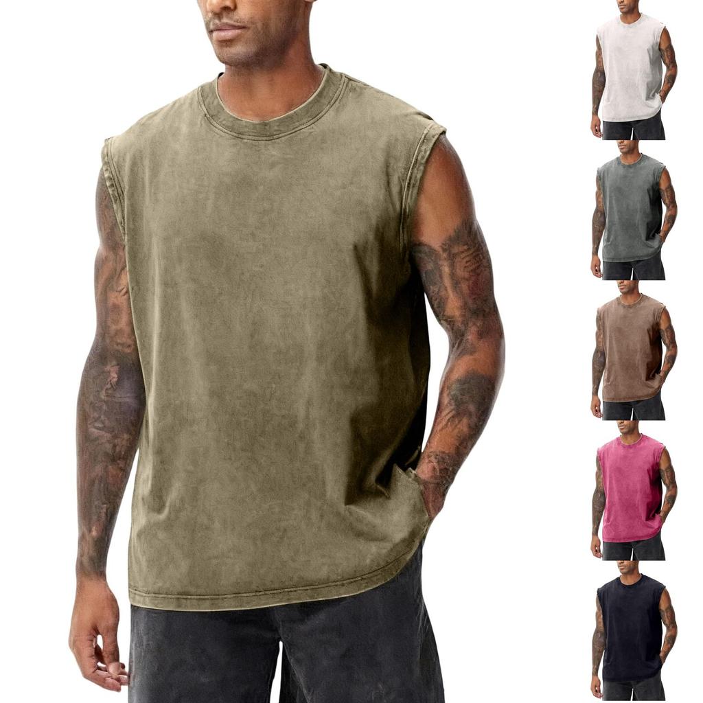 Gilet Casual da Uomo Lavato all'Americana Senza Maniche, Top T-shirt da Uomo Retro in Cotone Girocollo