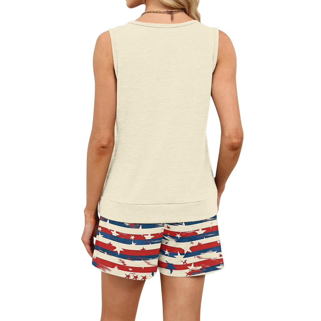 Women Summer Casual Two Piece Set Sleeveless Tank Top with Square Neck and Drawstring Waist Shorts with Pockets Lightweight Lounge Outfit