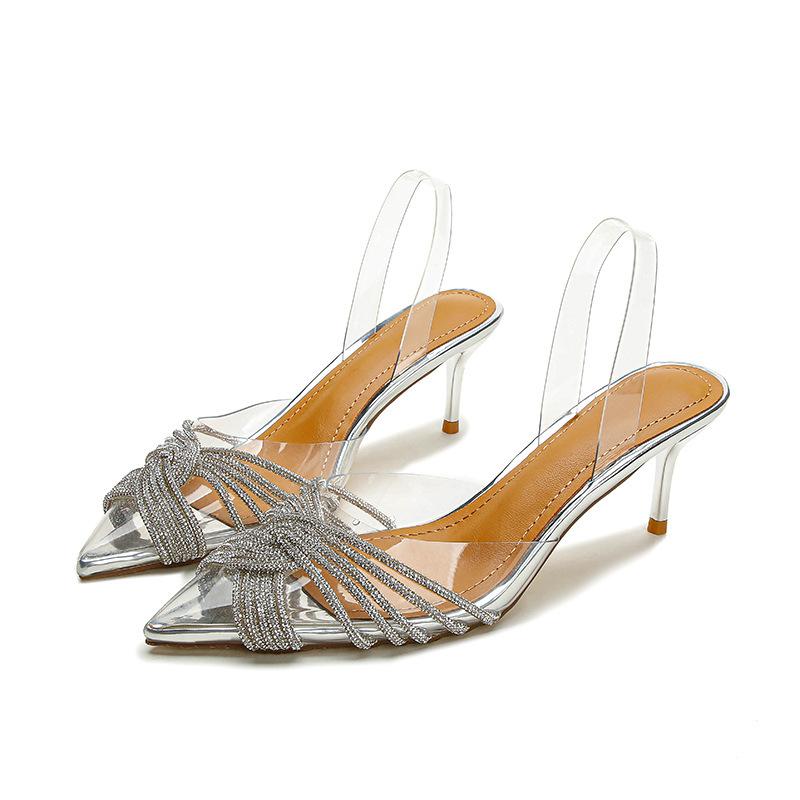 

2025 summer new Internet celebrities pointed transparent rhinestones sexy thin heel bag head wear half drag European and American high heel sandals 34