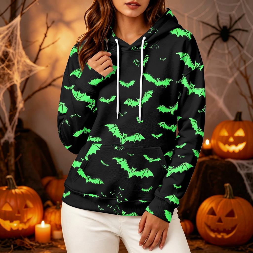 Women's fashionable long-sleeved Halloween print hooded pullover hoodie top