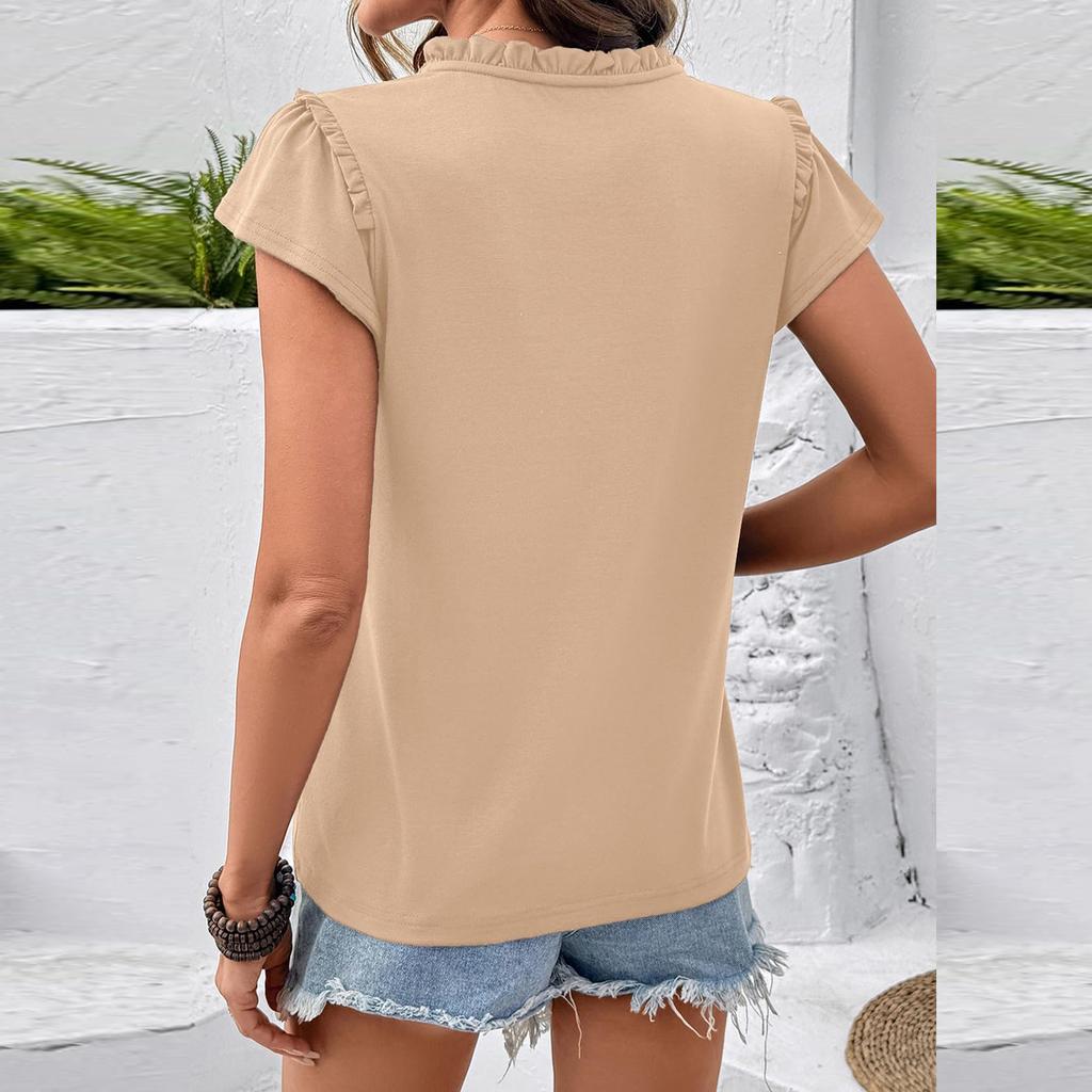 Women's Casual V-Neck Pleated Patchwork Lace-Trimmed Short-Sleeve Top With Hollow Ruffles