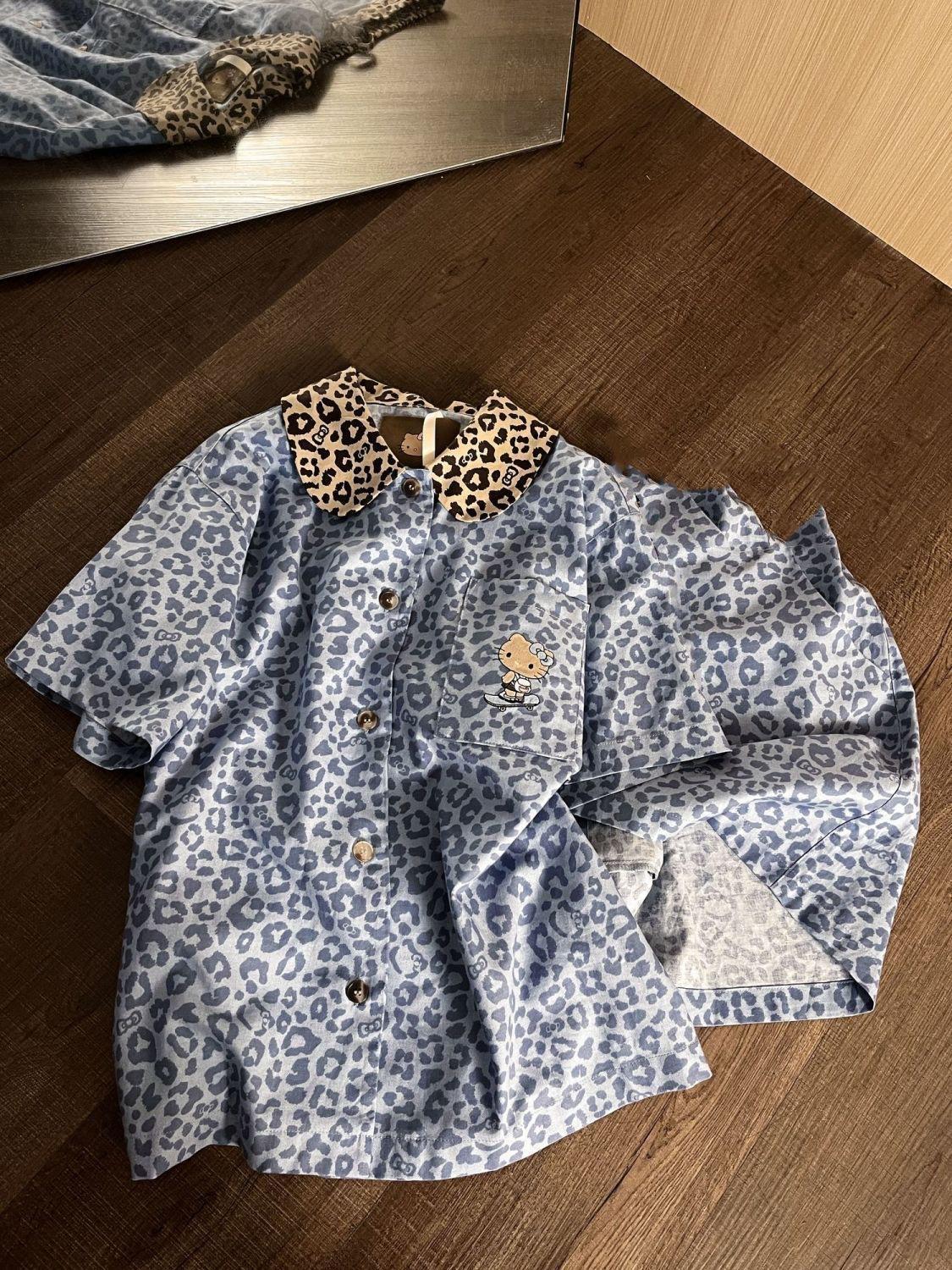 

Premium blue leopard print pajamas women s lace short-sleeved shorts set can be worn outside girls loungewear in summer S