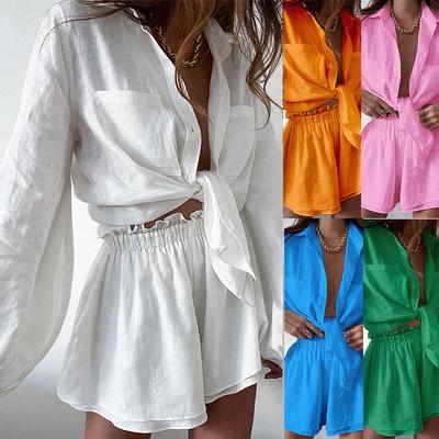 Women's Summer 2-Piece Outfit Long Sleeve Button-Down Loose Blouse And Shorts Sweatsuit Set Casual Comfortable Style