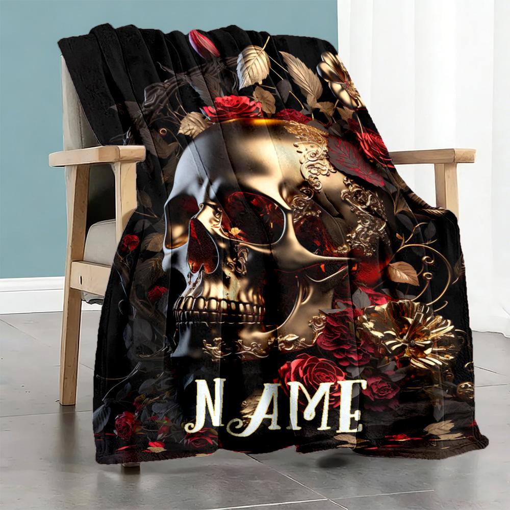 Golden Skull Rose Personalized Name Blanket Cozy Personalized Blanket Soft Warm Cozy Great for Office Nap Sofa Picnics for All Occasions