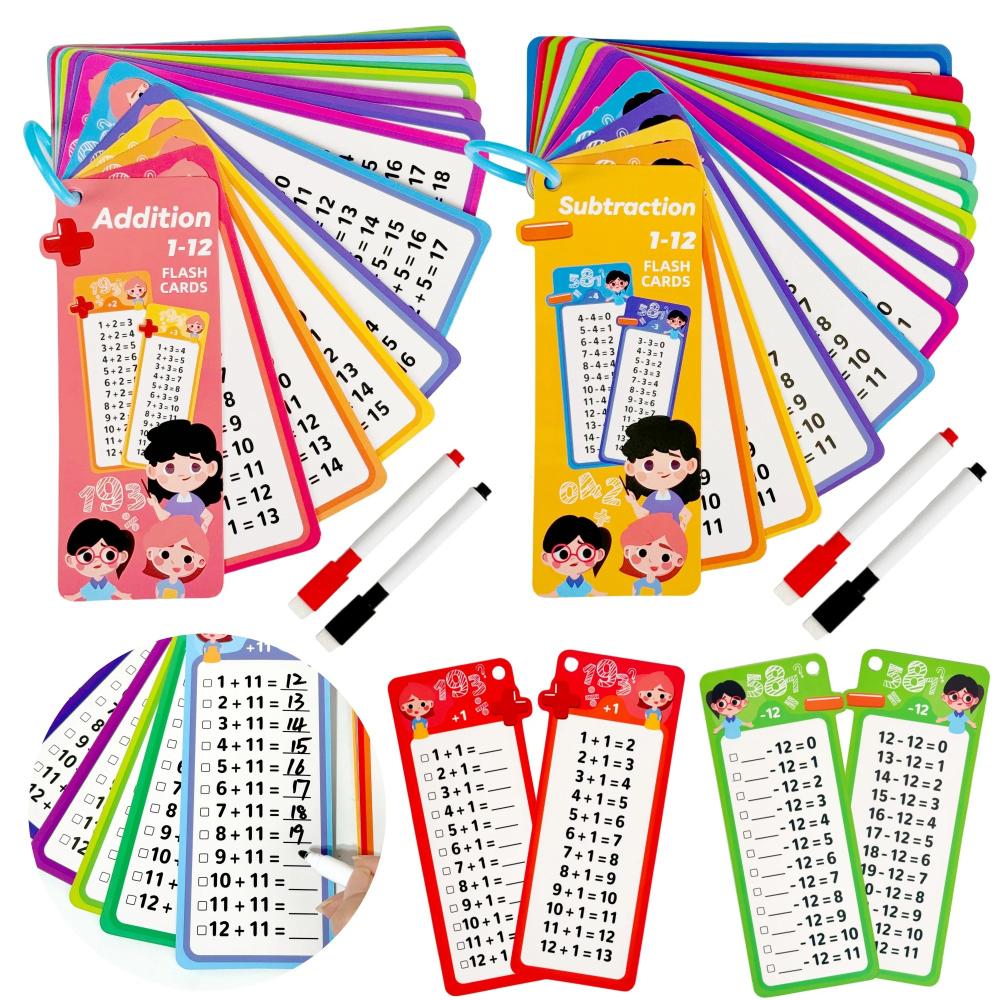 Digital Learning Flash Cards, Addition, Subtraction, Multiplication, Division, Fraction, Math Formula Memory, 15 Cards, Two Erasable Pen Learning Toys