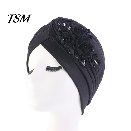 Winter Hat Women Good Stretch Wind-proof Tear-resistant Anti-shrink Brimless Warm Sequin Trim Flower All Match Turban Fashion Accessory Lady Beanie