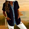 Womens Fashion Color Lapel Short Sleeved Denim Patchwork Button Up Shirt Loose Top