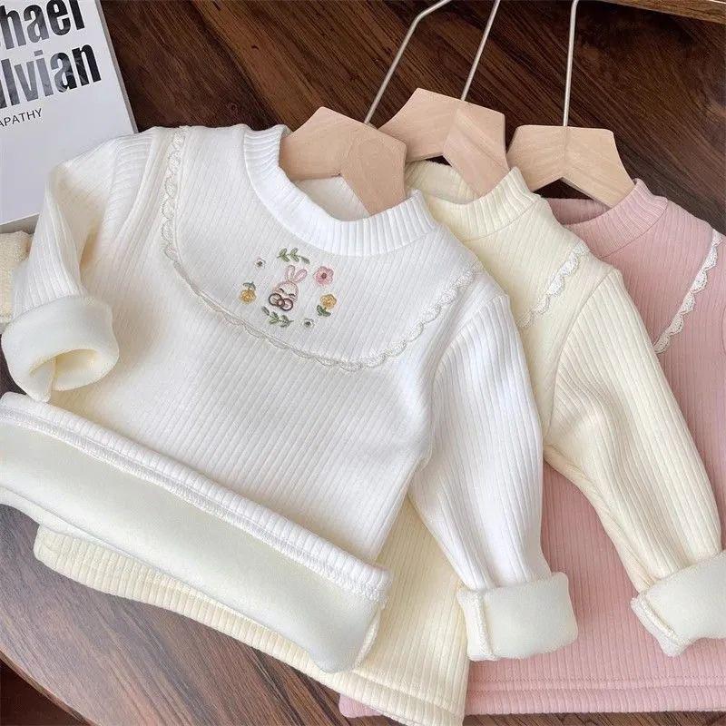 Winter Girls Warm Pullover 2-8 Years Old Children Plush Half High Collar Top Girl Embroidered Knitted T-shirt