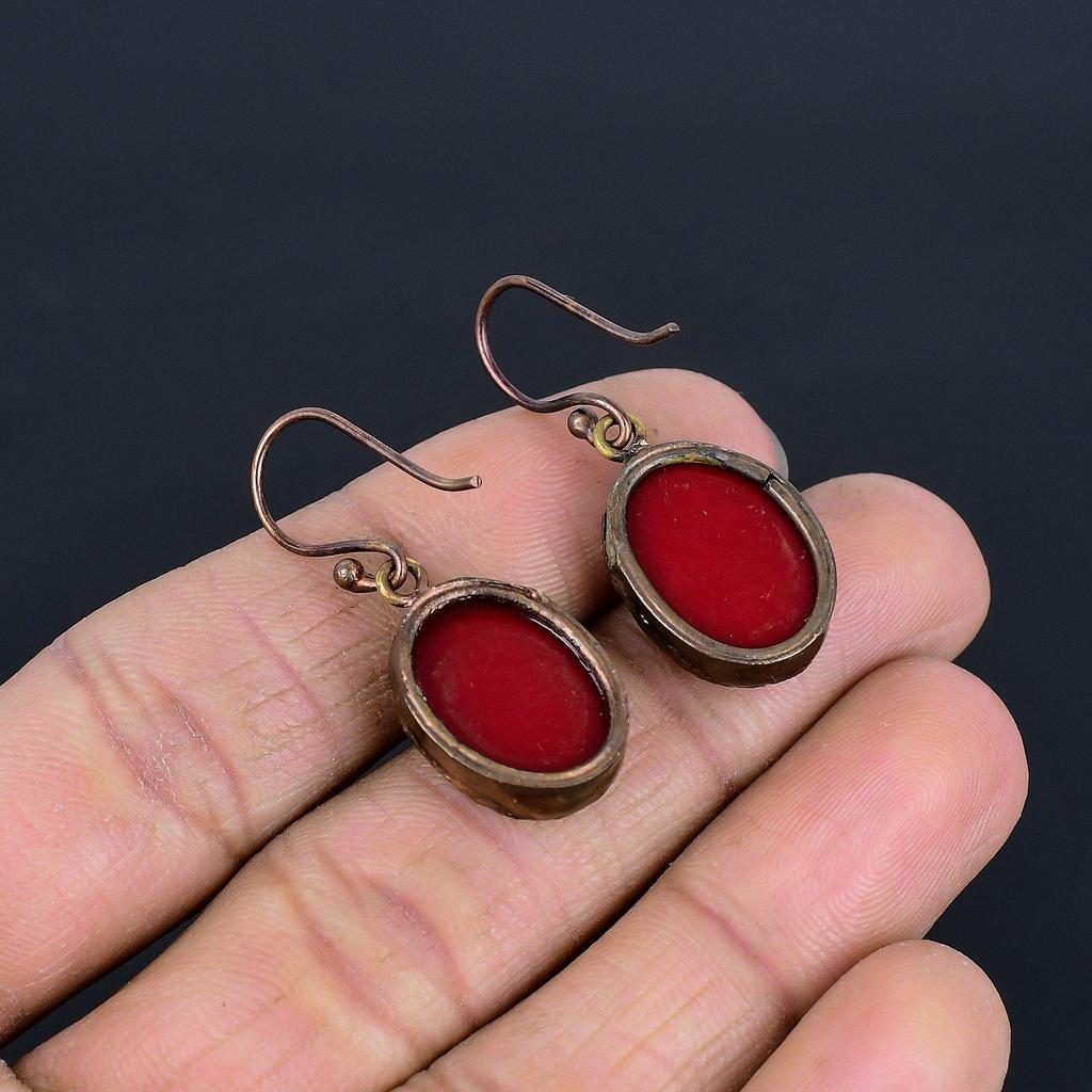 Red Coral Handmade Gemstone Earrings, Copper Electroformed Earrings Antique Jewelry, For Engagement Gift