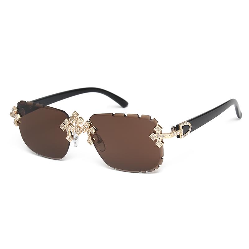 Fashion Square Rimless Sunglasses For Women Cross Diamond Metal Frame Luxury Eyewear Cut Lens UV400 Shades Sun Glasses