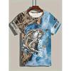 Mens Vibrant Fish Print Casual T-Shirt - Breathable Slight Stretch Polyester Crew Neck Tee for Outdoor Perfect for Summer