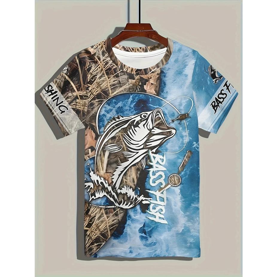 Mens Vibrant Fish Print Casual T-Shirt - Breathable Slight Stretch Polyester Crew Neck Tee for Outdoor Perfect for Summer