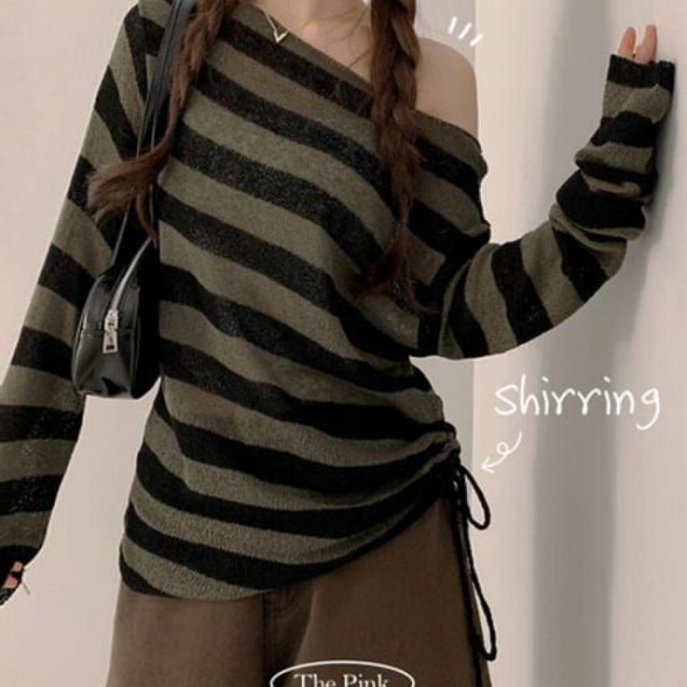 The Pink Women BoaT Neck STripe Side Shirring STrap KniT Long Sleeve T