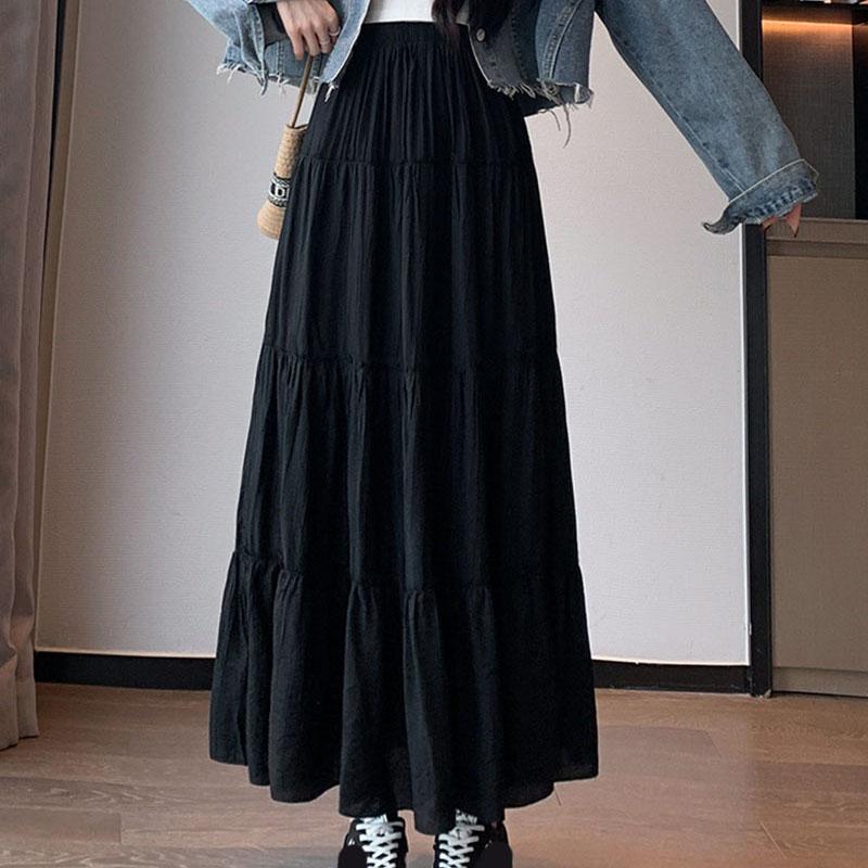 Spring Summer Women Long Skirts Fashion High Waist Elastic Patchwork A-Line Skirt Casual All-Match White Cake Maxi Skirts Female