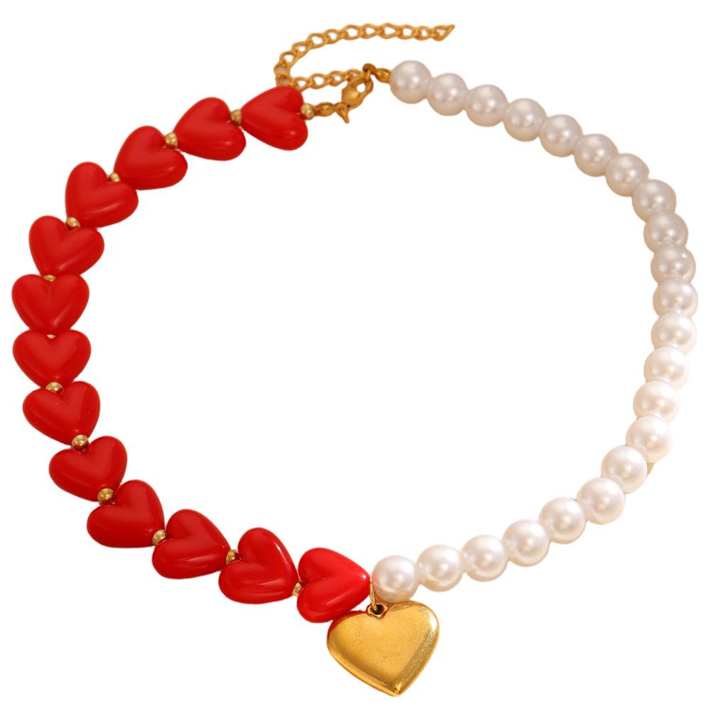 High quality 18K real gold stainless steel love stud earrings pendant necklace imitation pearl personalized color matching necklace earrings set