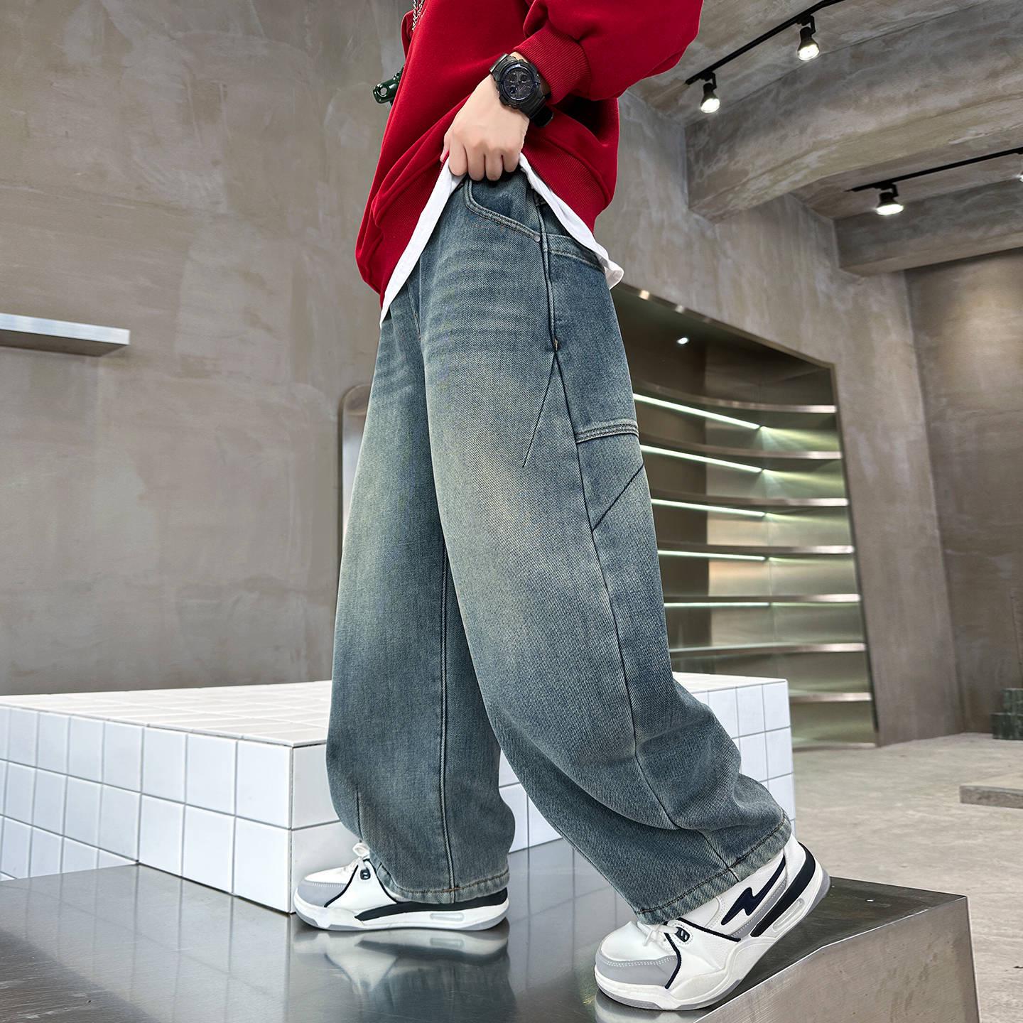 

2025 Boys Trendy One-Piece Fleece Jeans: Thick, Warm, Straight Fit for Autumn and Winter 140 синій