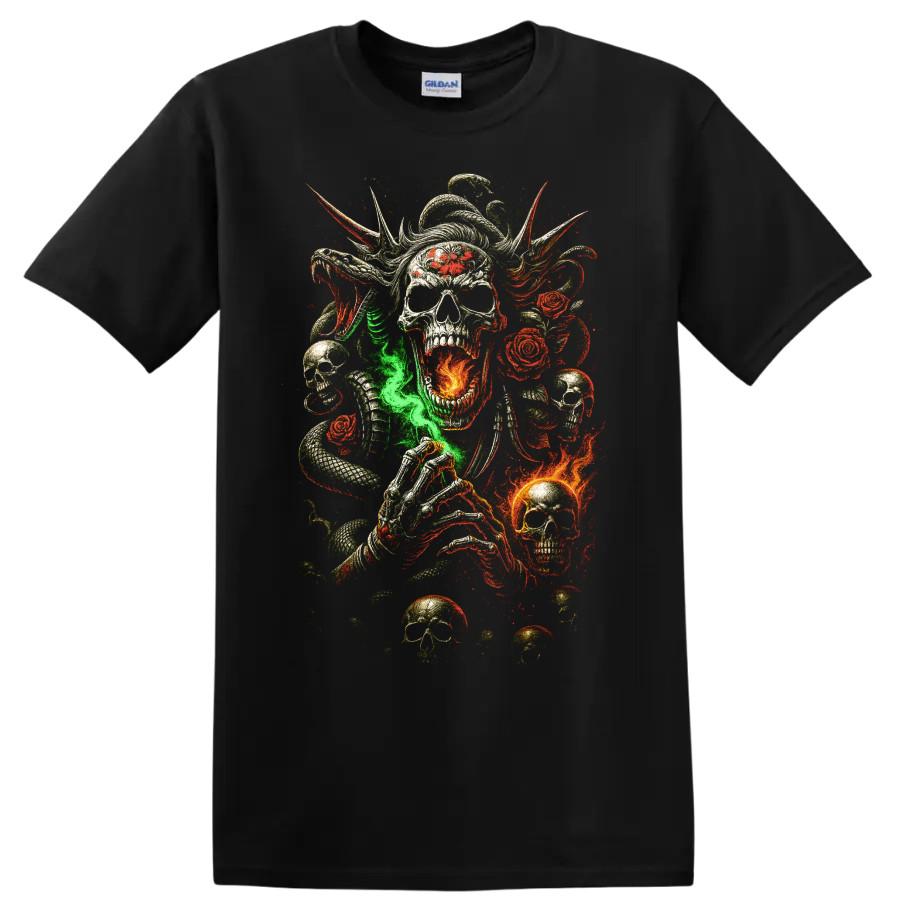 Skull Snake Roses Fire Gothic Horror T Shirt w/ Skeleton Hand Graphic Art Tee