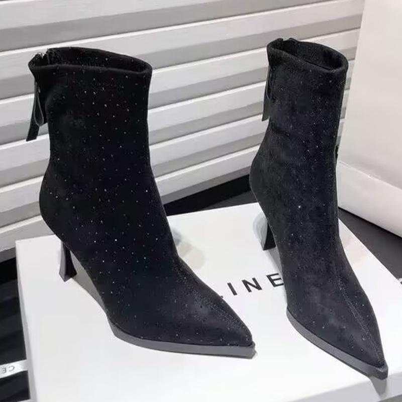 

Замшевые женские ботильоны с кристаллами, с острым носком, на высоком каблуке, модная сексуальная обувь, новые дизайнерские туфли-лодочки в готическом стиле, зимние ботинки Mujer 40