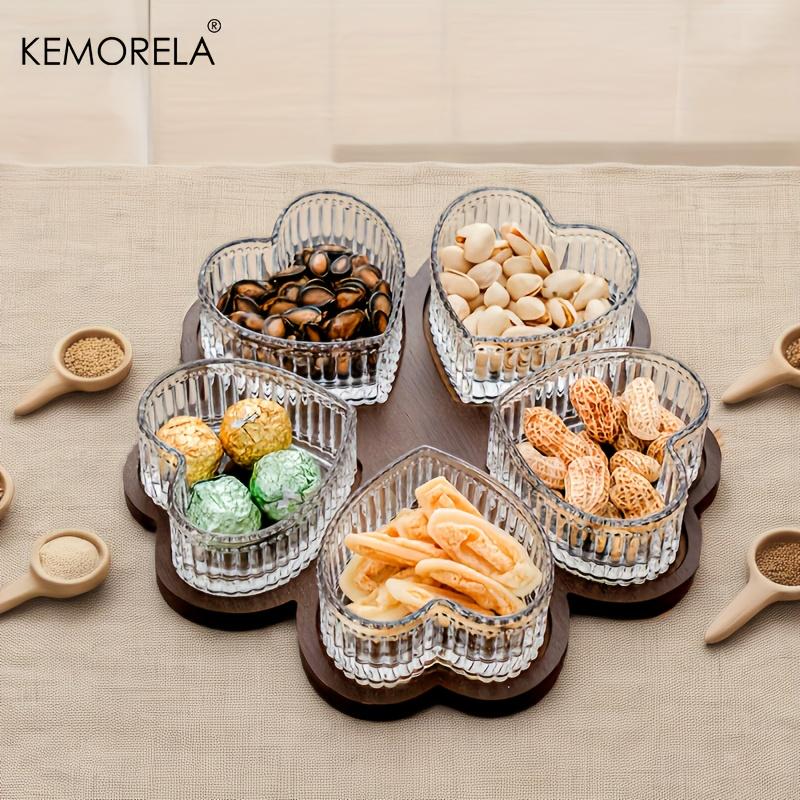 KEMORELA Glass Heart-Shaped Bowl Fruit Plate -Glass And Wood Fruit Snack Dessert Cake Plate Suitable for Family Parties Decorate