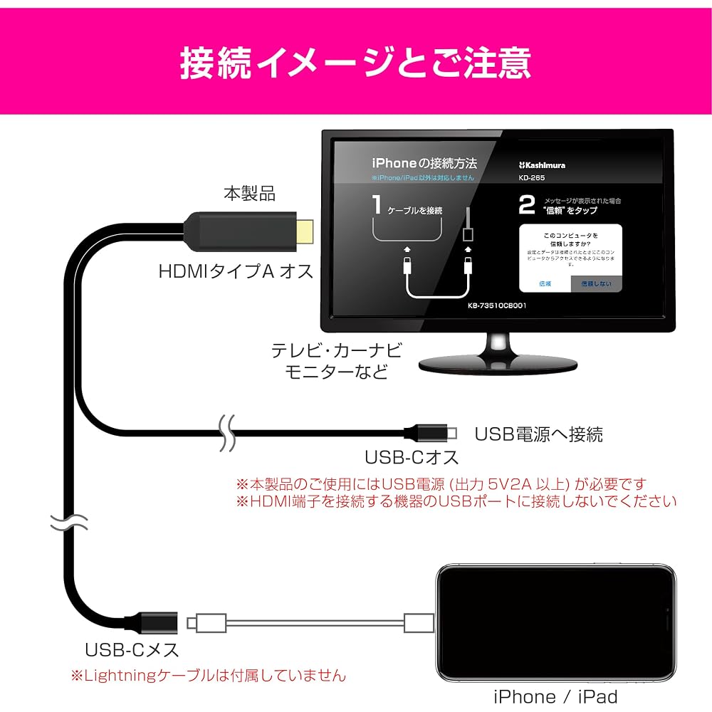 Kashimura HDMI Conversion Cable for iPhone with USB-C Relay, 1m Length, Supports Mirroring and Charging