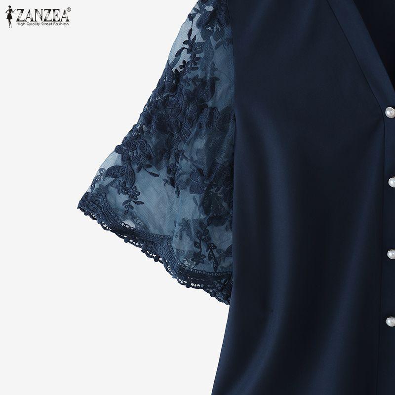 ZANZEA Women Lace Splice Half Sleeve Casual V-Neck Elegant Blouse