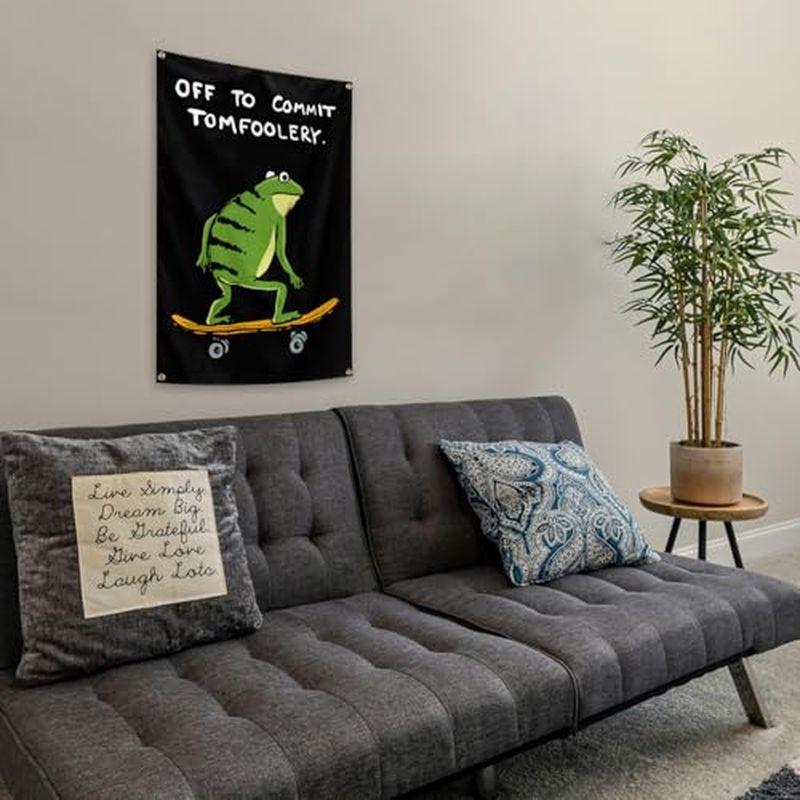 Off To Commit Tomfoolery Frog Skateboard Wall Tapestry Black Background Green Toad Funny Quote Humor Bedroom Living Room