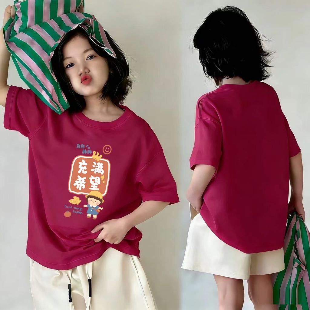 Girls Summer Cotton Cartoon Short Sleeve T Shirt White Round Neck Sweat Absorbing Top For Big Kids