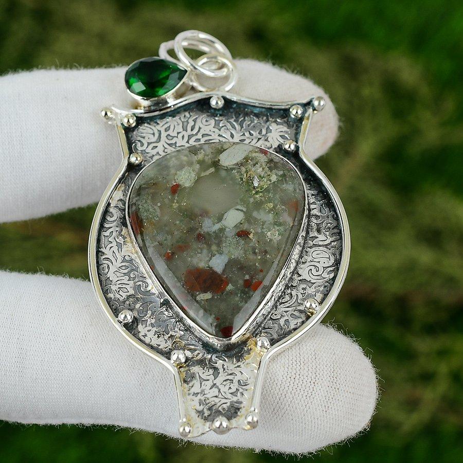 Tabu Jasper Stone Diopside 925 Silver Daughter Bezel Handmade Wedding Pendant