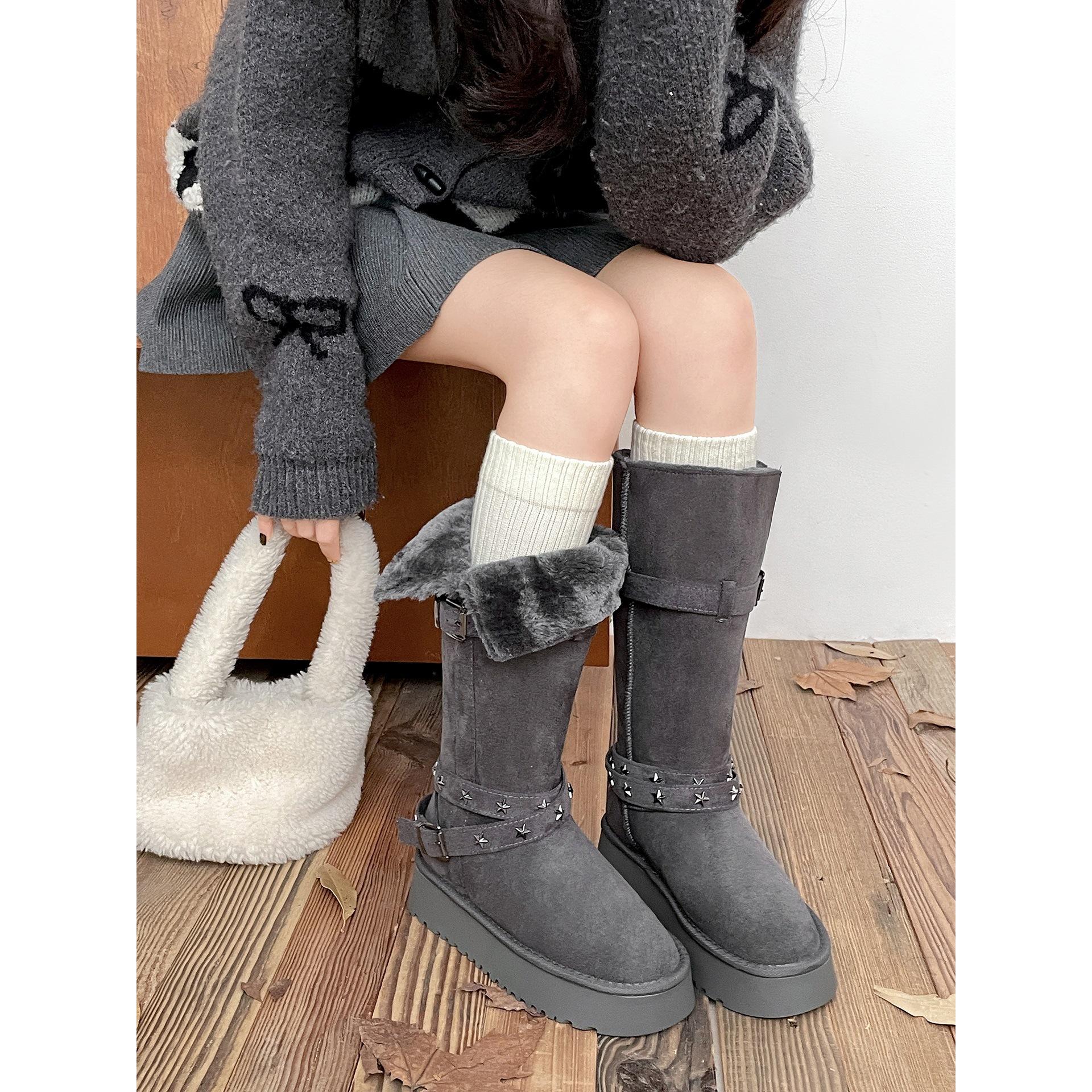 grey velvet thickened non-slip thick-soled long-tube snow boots women s winter warm retro cotton shoes 35