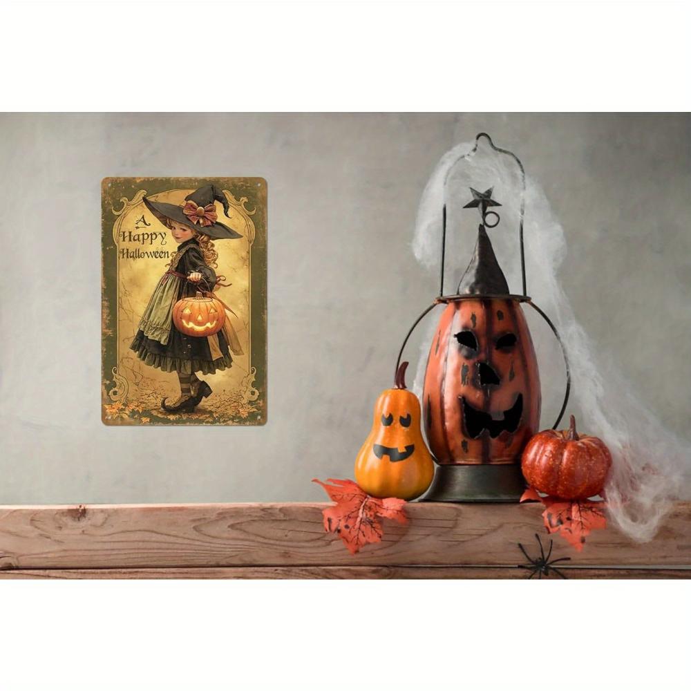 Vintage Halloween Witch Girl with Pumpkin Metal Sign Vintage Home Decor 8x12 Inch Wall Art No Electricity Required Wall Hangable