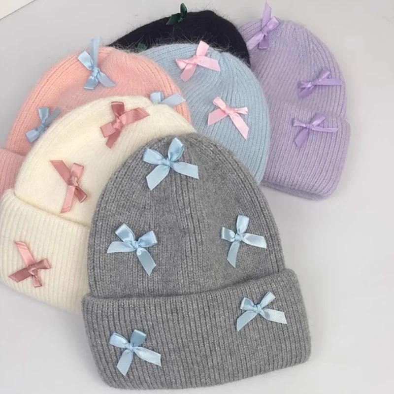 New Angora Rabbit Fur Bow Winter Hat For Women Knitted Fluffy Beanie Ladies Fashion Warm Plush Skull Womens Thick Fleece Hat Y2K