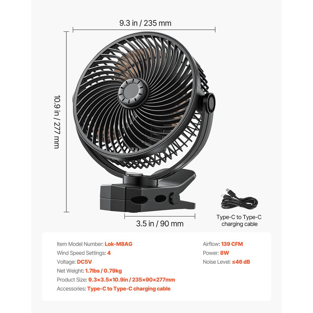 SucceBuy Plant/Portable Clip Rechargeable Fan USB Port with Circulation Mode Smart Control Powerful Oscillating Long Runtime