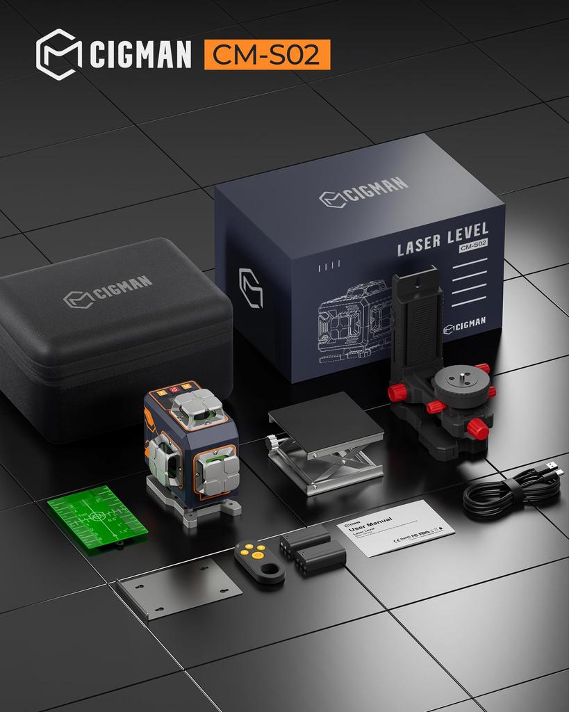 CIGMAN 4D Laser Level with Remote Control and LCD Laser Up To 52 Hours of Suitable for Hanging Photos and Construction CM-S02 App, Display, 4x360°