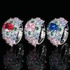 Womens Fashion Ring Flower Geometric Design Red Corundum Blue Spinel Pink Zircon Inlay Copper Jewelry