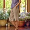 Women's Linen Blend Casual Capri Pants Elastic Waist Cropped Trousers with Side Buttons