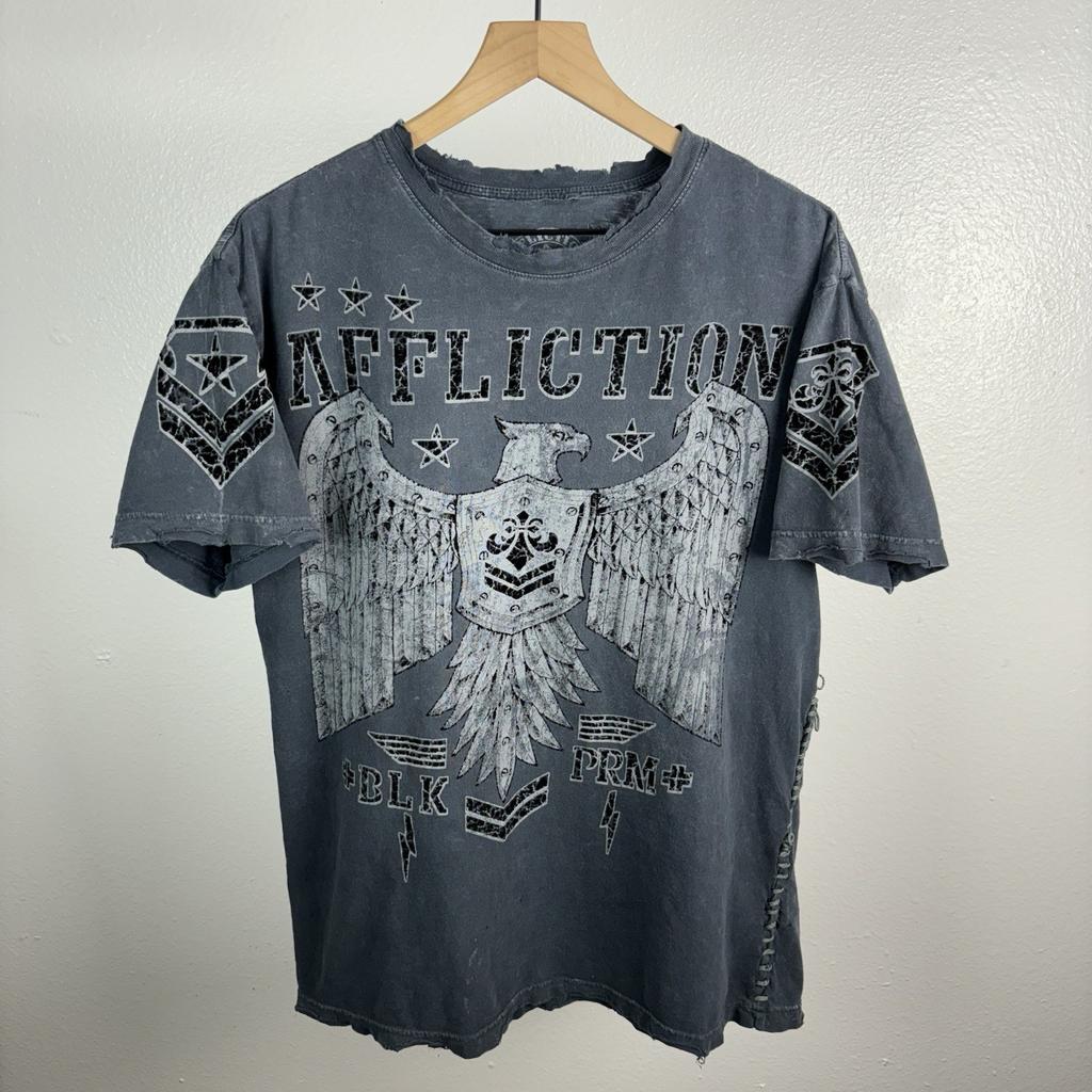 Vintage Affliction T-Shirt Schwarz AOP Flügel Grunge Used Look Y2K Schriftzug XL Unisex T-Shirt