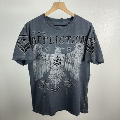 Vintage Affliction T Shirt Black AOP Wings Grunge Distressed Y2K Spell Out XL Unisex T-Shirt