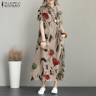 Abito estivo da donna, casual, con maniche lunghe, colletto rovesciato