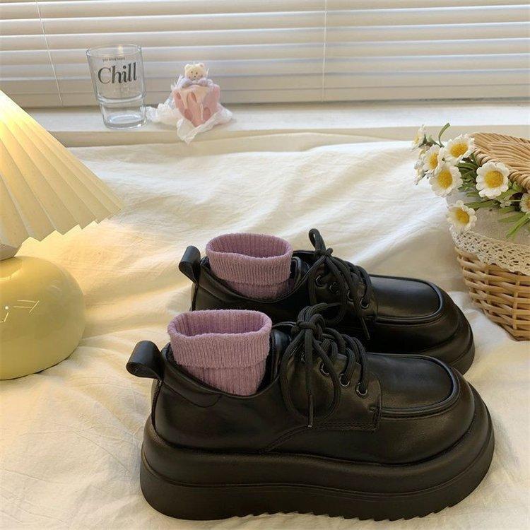 Sponge cake thick soled leather shoes for women 2025 Spring and Autumn British style round toe lace up Japanese single shoes
