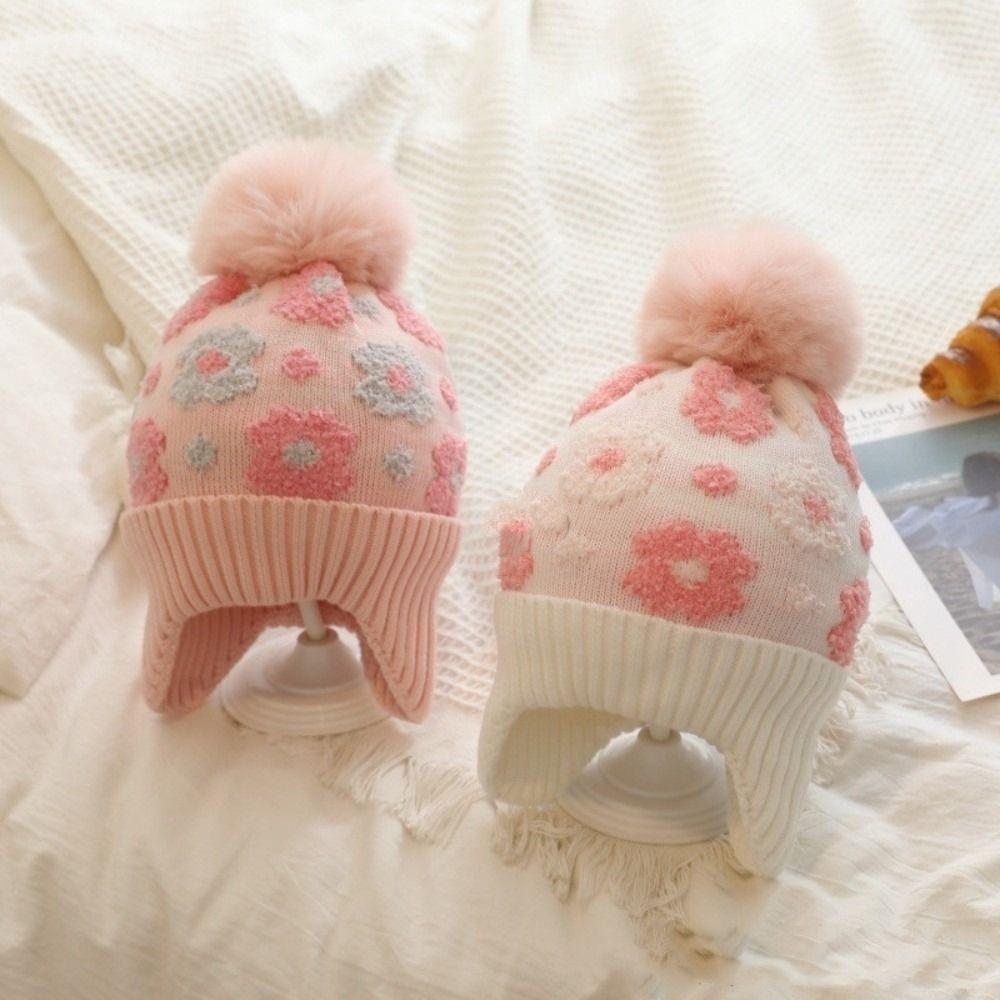 Winter Flower Ear Protector Hat Kids Warm Pompom Knitted Hats Toddler Bonnet  Children's Outdoor