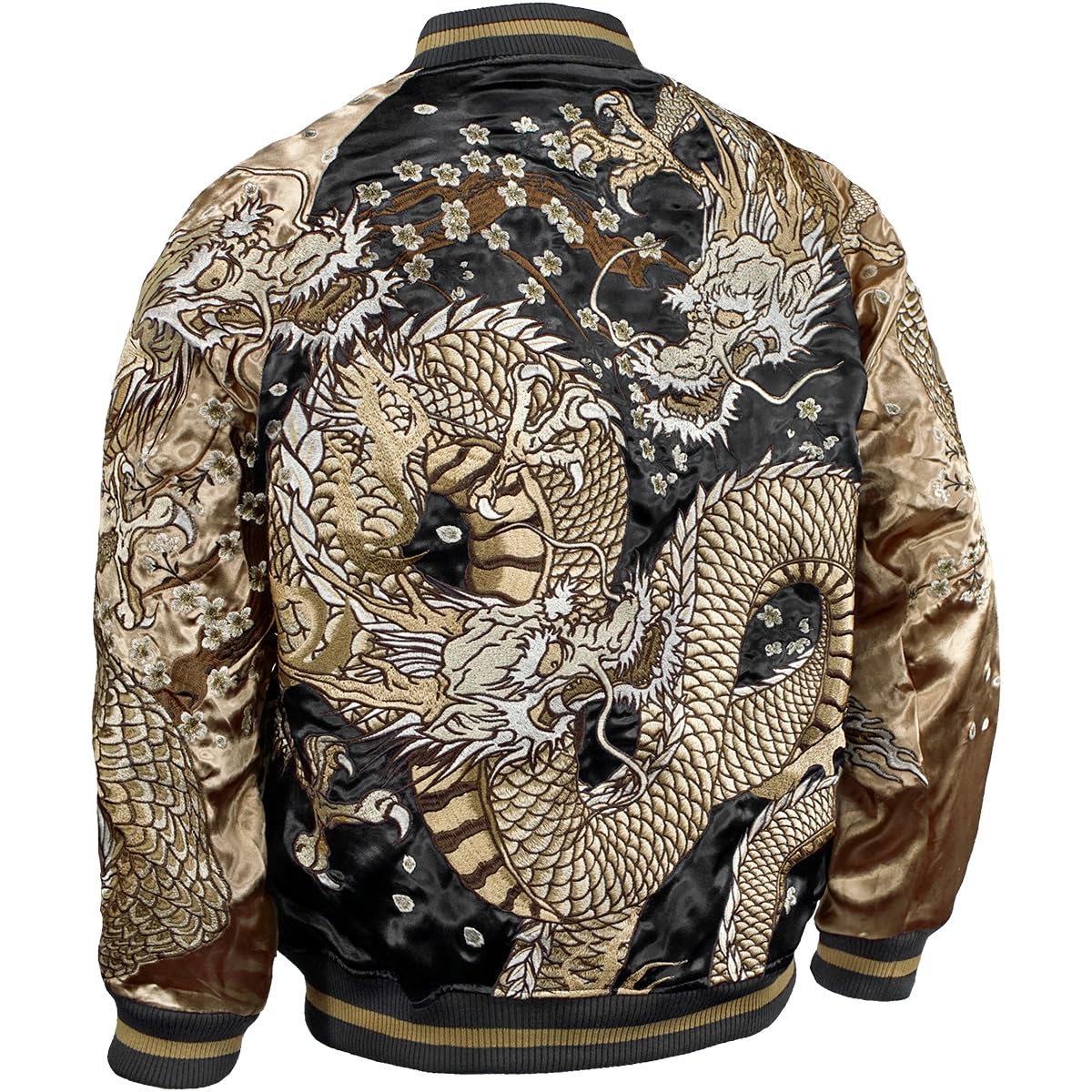

Karakuridama Toh Sukajan Dragon Japanese Pattern Reversible Embroidered Full Zip Satin Glossy Blouson Gold Black 241038 XXL [Karakuridama]
