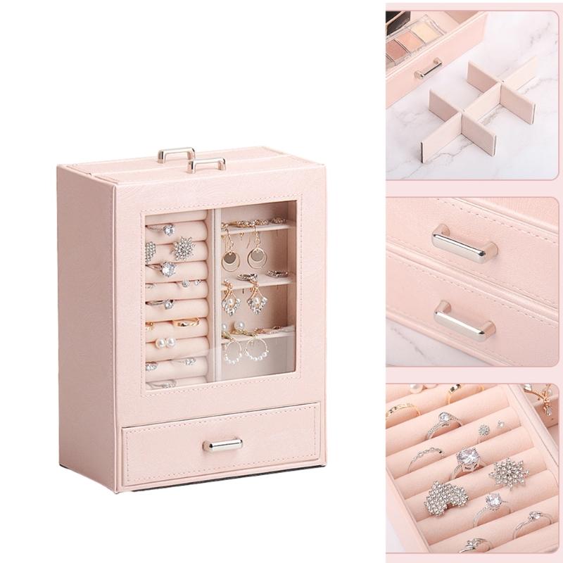 Smyckeskrin i PU Smyckesorganisatör Multifunktionell Förvaringsväska med Klart Fönster för Halsband Armband Ringar Örhängen