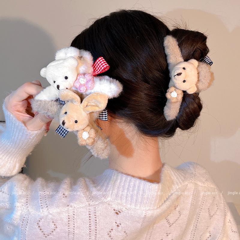 2025 Fall/Winter Teddy Bear Bow Hair Clip - Cute Fluffy Claw Shark Clip Accessory
