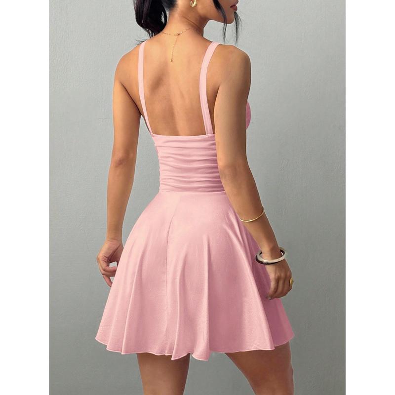 Vestito Donna Estate Sexy Colore Puro Scollo a V Elegante Festa Cintura Condole Vestiti Casual Vestidos Vestito